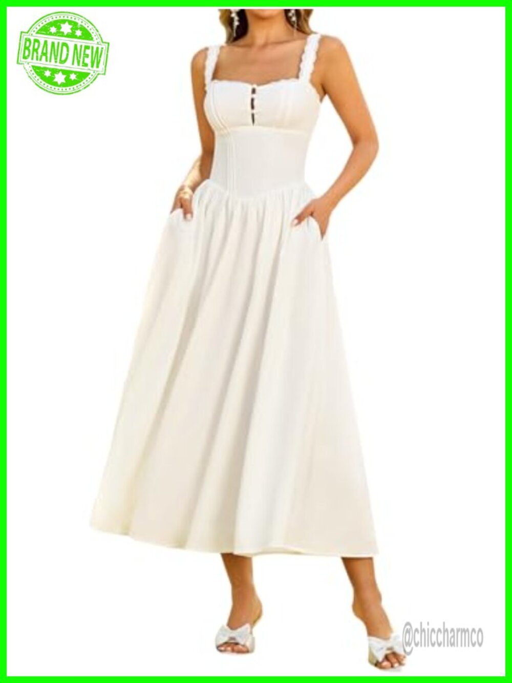 KUTUMAI Women Summer Corset Midi Dress Lace Square Neck Flowy Wedding Guest